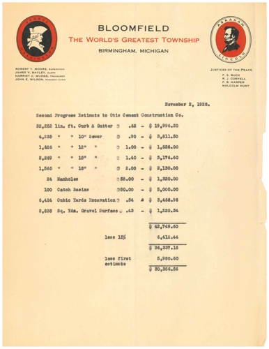 Historic Bloomfield Letterhead. Header reads: Bloomfield The World's Greatest Township Birmingham, Michigan dated November 2, 1928, showing a cost estimate for construction for approximately $30,000.