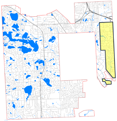 Map of Bloomfield Township with project area highlighted in a box with yellow shading near the right edge of the image which indicates that it will take place along the east edge of the Township.