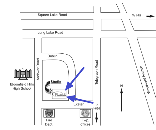 The studio is located one block south of Long Lake Road (18 Mile Rd.) and one block west of Telegraph Road, on the northwest corner of Dublin and Exeter. Enter the parking lot from Dublin Road.