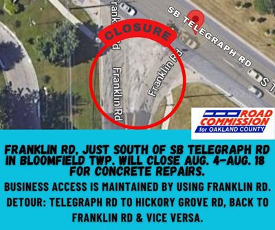 Franklin Rd. South of Telegraph Rd to Close August 4th-18th