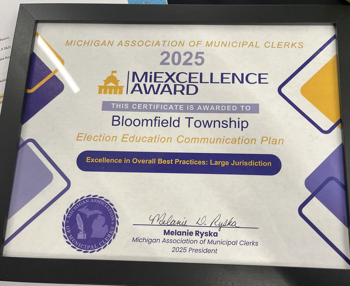 The Miexcellence award awarded to Bloomfield Township for excellence in overall best practices: large jurisdiction. 