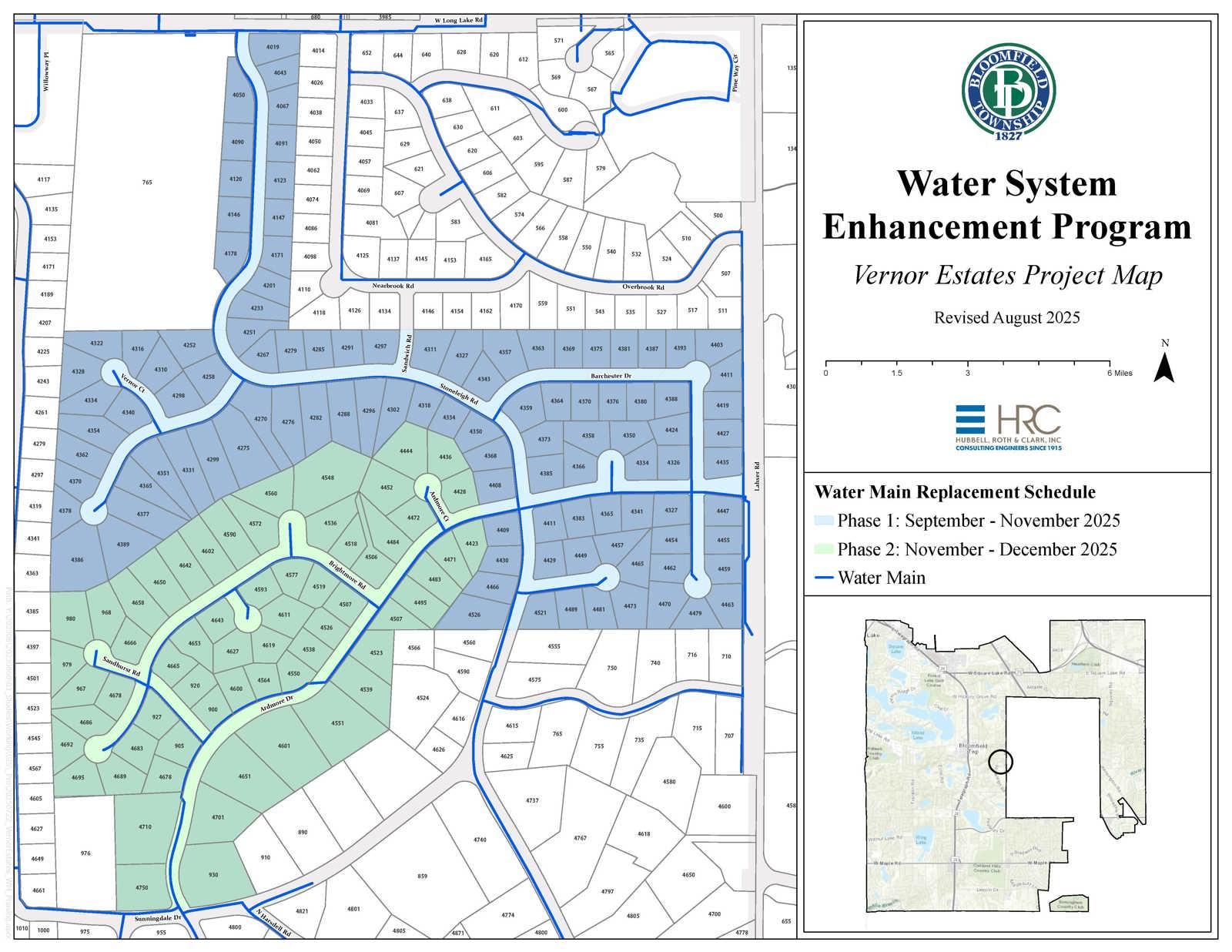 Vernor Estates Water System Enhancement Program Project Map dated August 2025. Shows flow of water main system. Also shows 2 distinct areas. Phase 1 has work schedule Sept-Nov 2025. Phase 2 has work schedule Nov-Dec 2025.