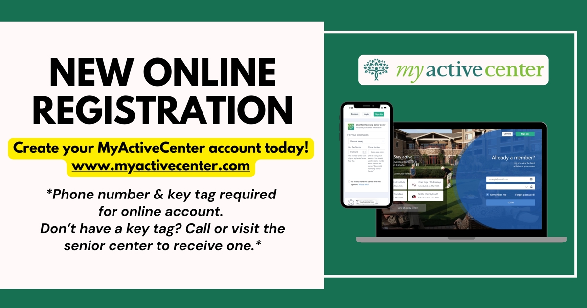 Announcement of New Online Registration Senior Services. Create your My Active Center account today at www.myactivecenter.com showing screenshots of the website on mobile phone and laptop